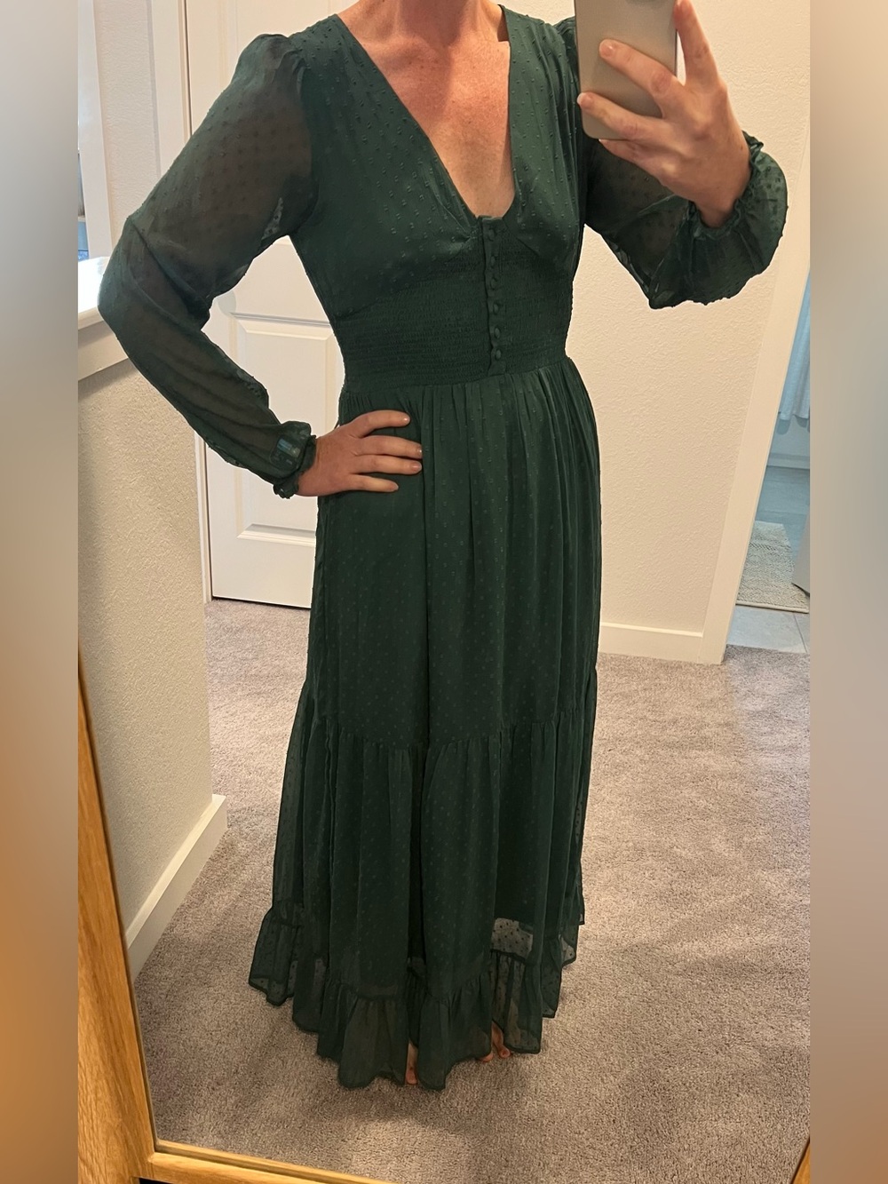 Patrons of Peace Forest Green Maxi Dress with Sheer Long Sleeves